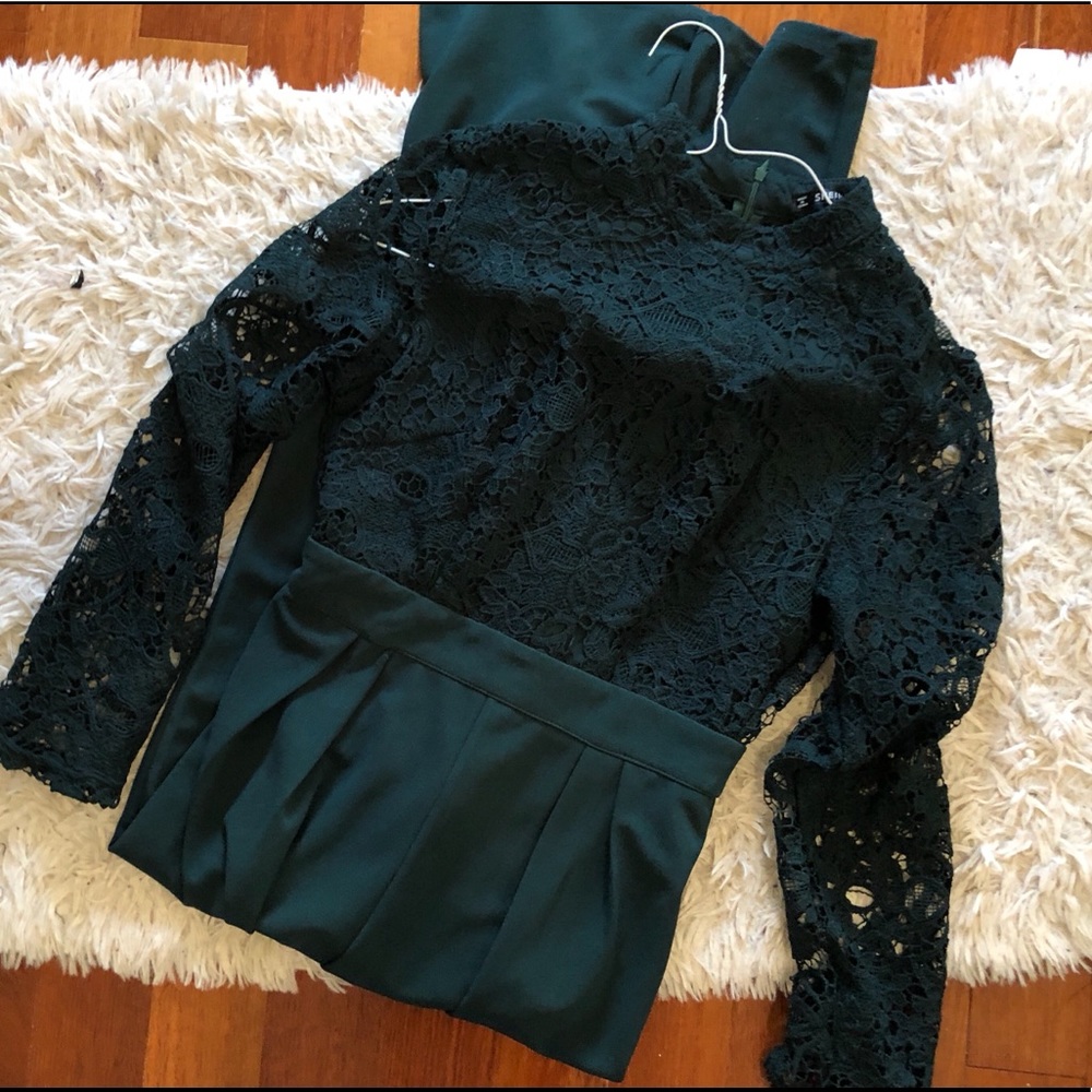 SHEIN: NEVER WORN Emerald Lace Pleated Jumpsuit